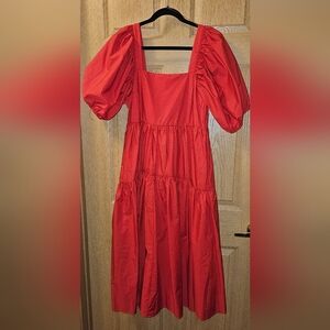 Red Puff-Sleeve Tiered Midi Dress, Square Neck